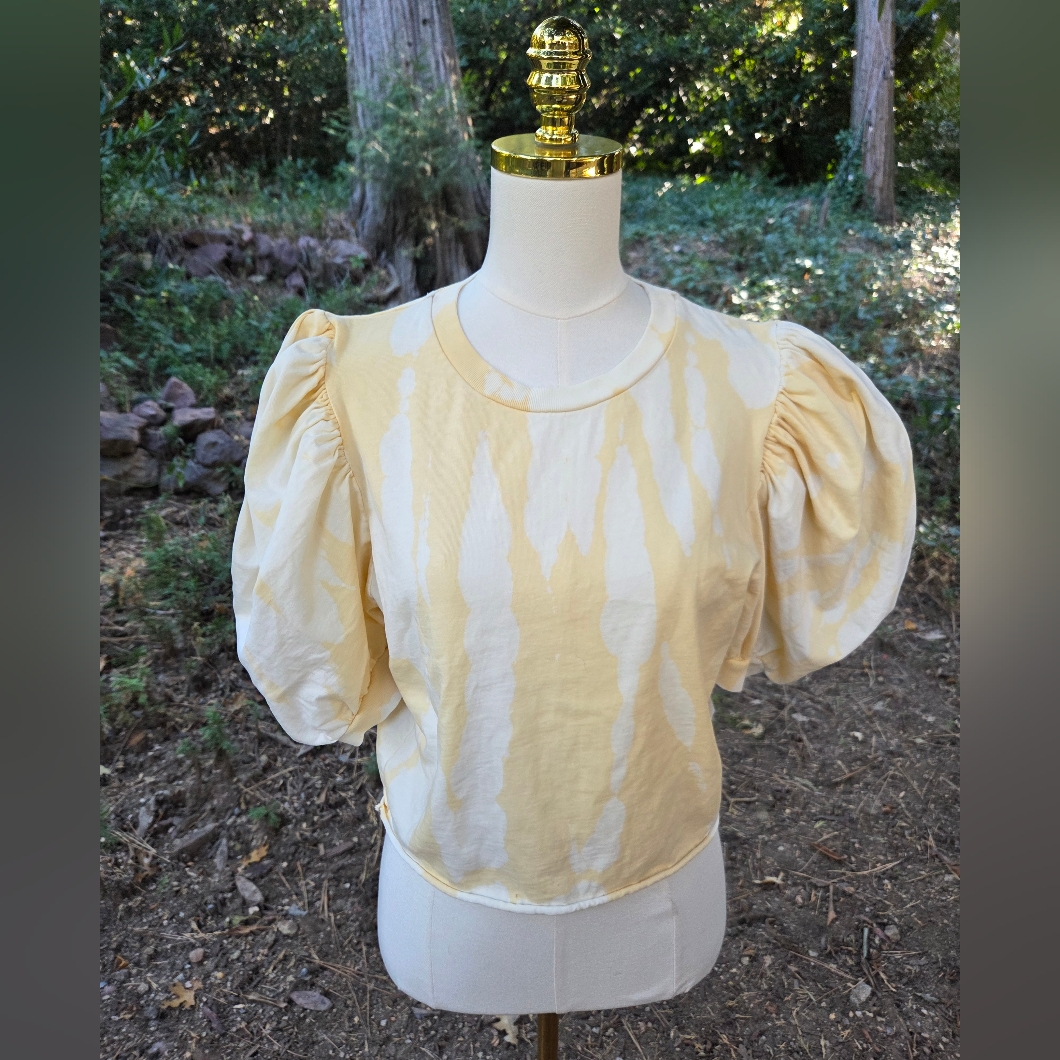 All Saints 100% Cotton Yellow And Cream Puff Sleeve Blouse